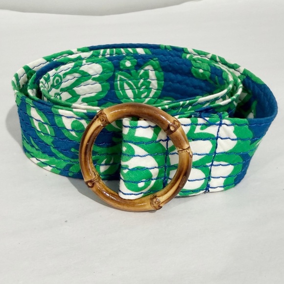 J.CREW Green & Blue Floral Belt Bamboo Buckle Beachy Coastal Size Small/Medium - Picture 2 of 8